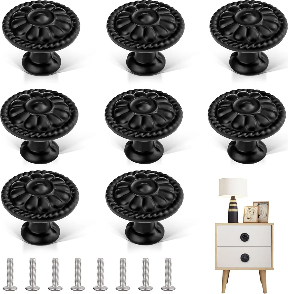 Boutons de meubles vintage noirs en alliage d'aluminium - Lot de 8 pièces