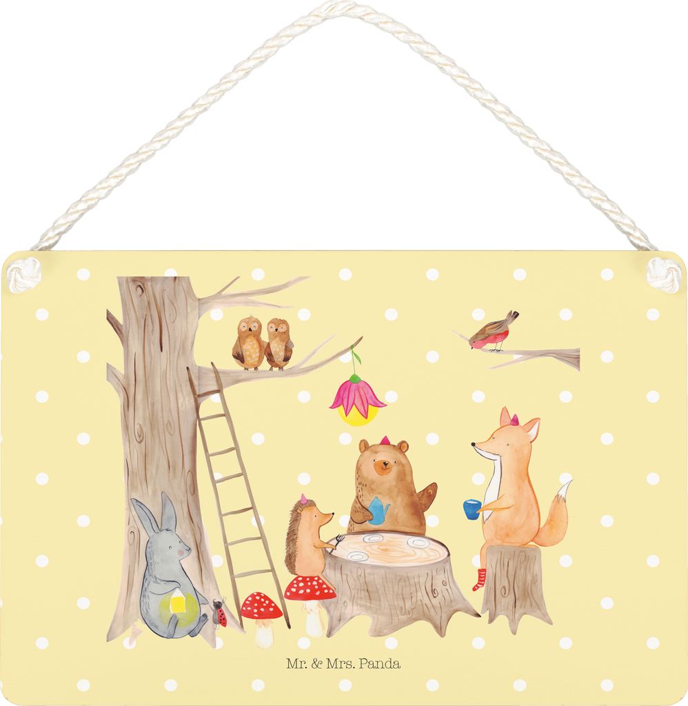 Mr. & Mrs. Panda Schild Waldtiere Picknick DIN A5 - Gelb Pastell - Geschenk, Wald, kleine aufmerksamkeit, holzbild, Eichhörnchen, Igel, Maus, Fuch...