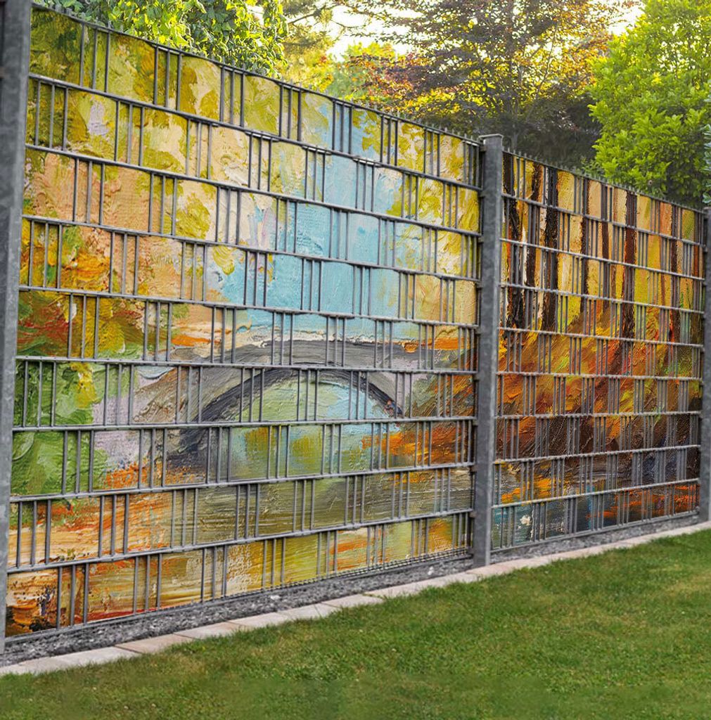 Sichtschutzstreifen Waldfluss mit Brücke Sichtschutz Garten Zaun - Teil1 + Teil2 - 9 Streifen - 500x180cm