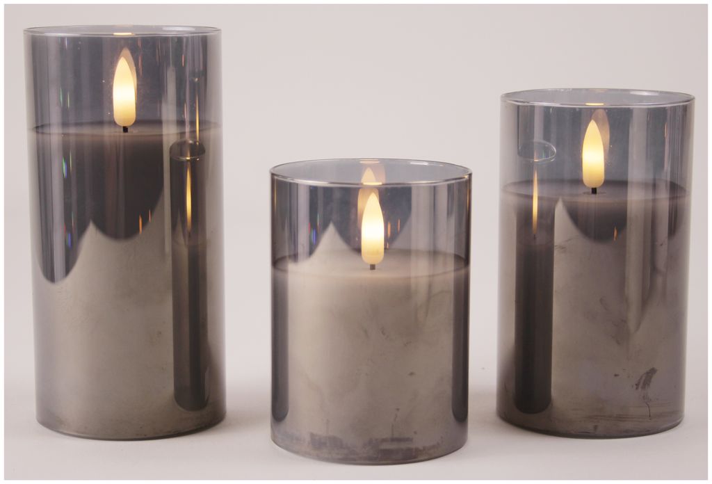 3er Set Wachskerzen mit 3D Flamme im Rauchglas, Größen: 5x10/12,5/15cm