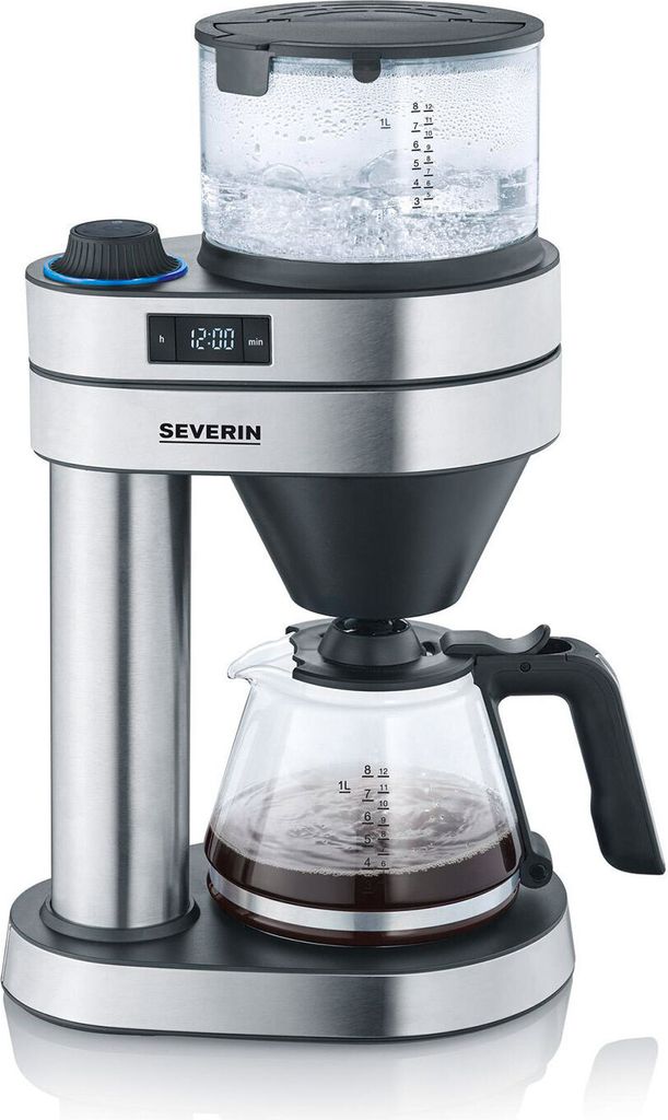 A silver and black drip coffee maker with a glass carafe filled with coffee and a clear water reservoir.