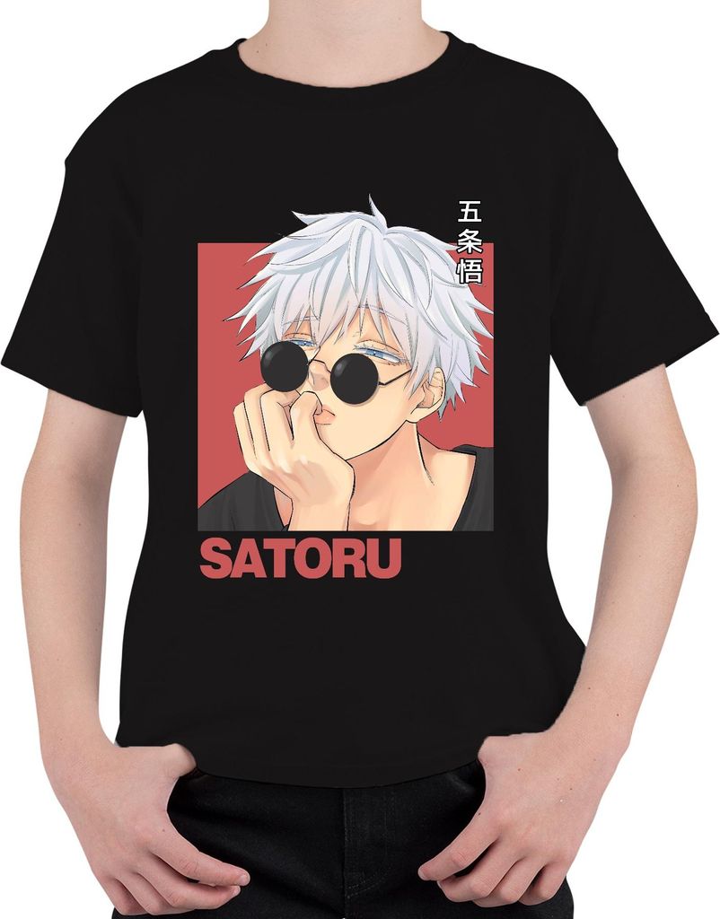 SATORU Gojo Jujutsu Kaisen Anime Sonnenbrille weißes Haar Retro Uni Kinder T-Shirt, Schwarz, 116