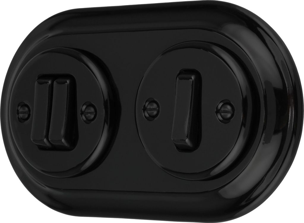 Unterputz Porzellan Retro Schalter, Doppelschalter, 2-fach, All-in-One, SET Serie PR1 schwarz