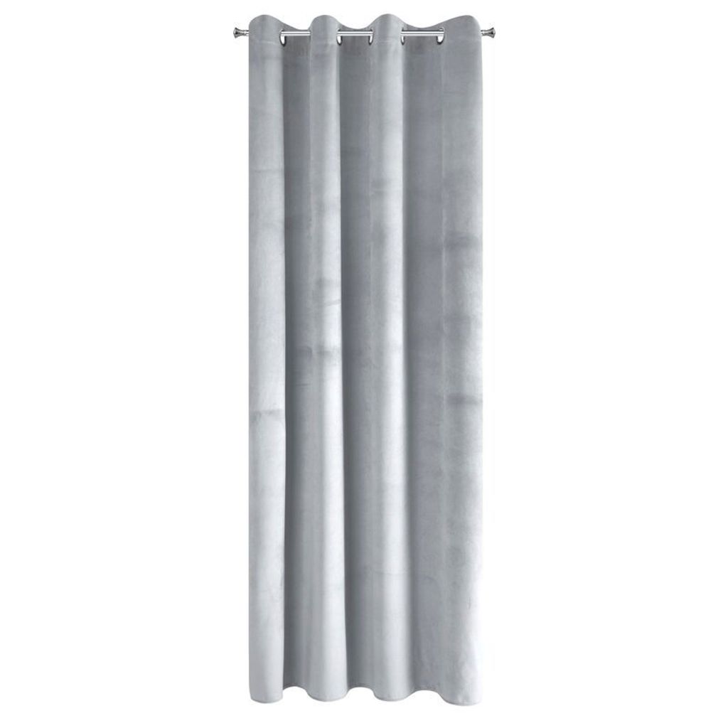 A single gray curtain hanging vertically against a white background.