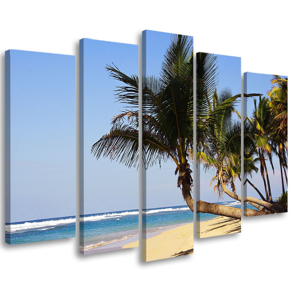5-teiliges leinwandbild tropenstrand meer 150x100 cm Feeby blau wandbild bereit zum aufhängen