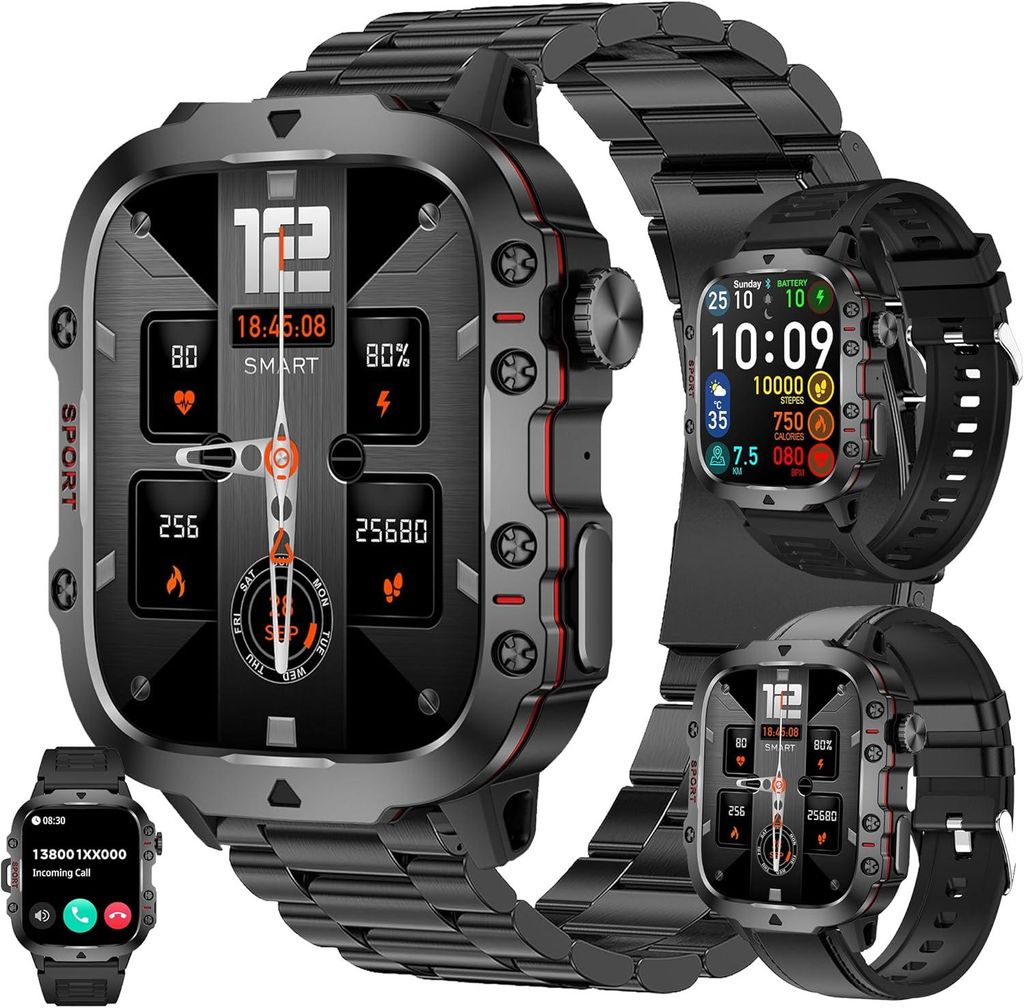 Herren Smartwatch mit Telefonfunktion, 1.96 Zoll AMOLED Display, 5ATM Wasserdicht, 100+ Sportmodi, Fitness Uhr für Android iOS