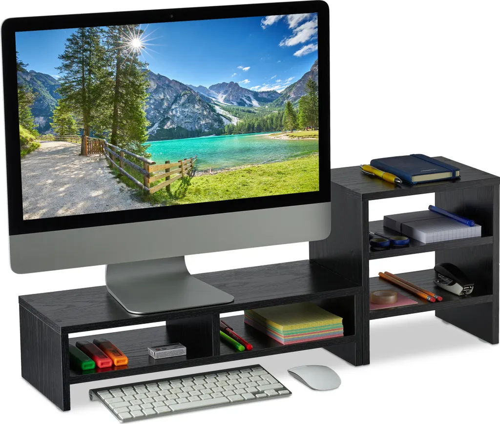 Support moniteur en bois avec deux niches de rangement pour poste de travail