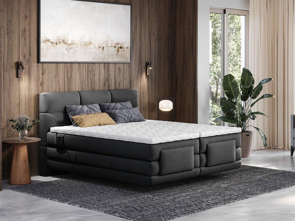 Kontinentales Bett mit gestepptem Kopfteil + elektrischer Relaxrahmen + Matratze + Matratzenauflage - 2 x 90 x 200 cm - anthrazit - Marke LODI by P...
