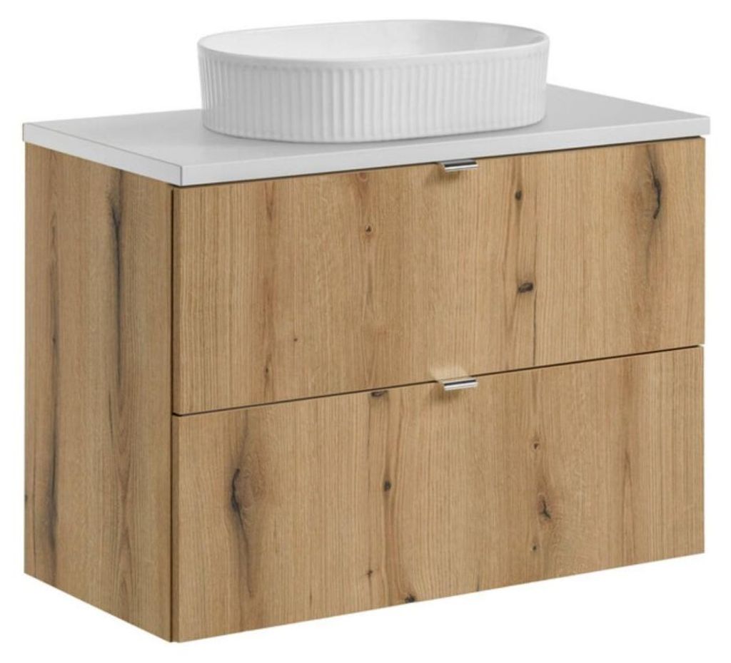 Set VANO in Eichen- und Weißoptik 80cm: Unterschrank mit Schubladen + Platte für Waschbecken + aufgesetztes gerilltes weißes Waschbecken