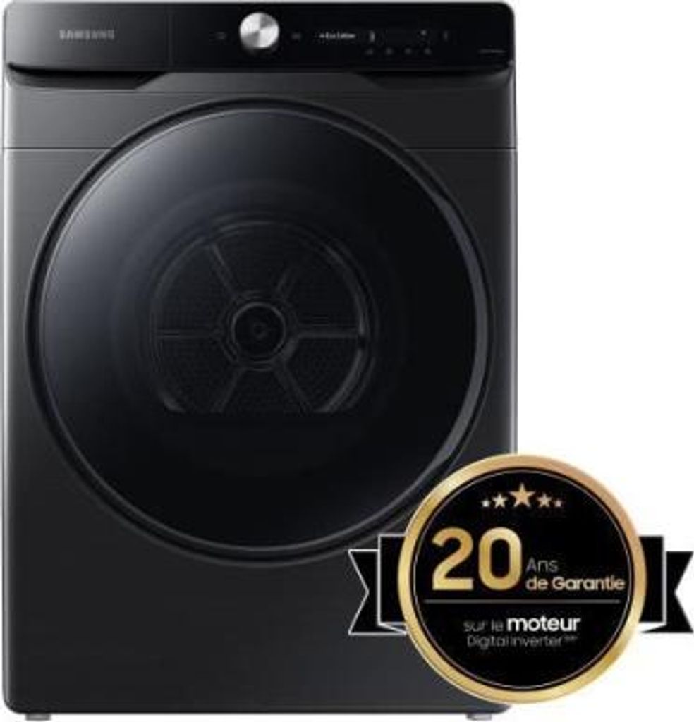 A black Samsung washing machine dryer is shown from the front.