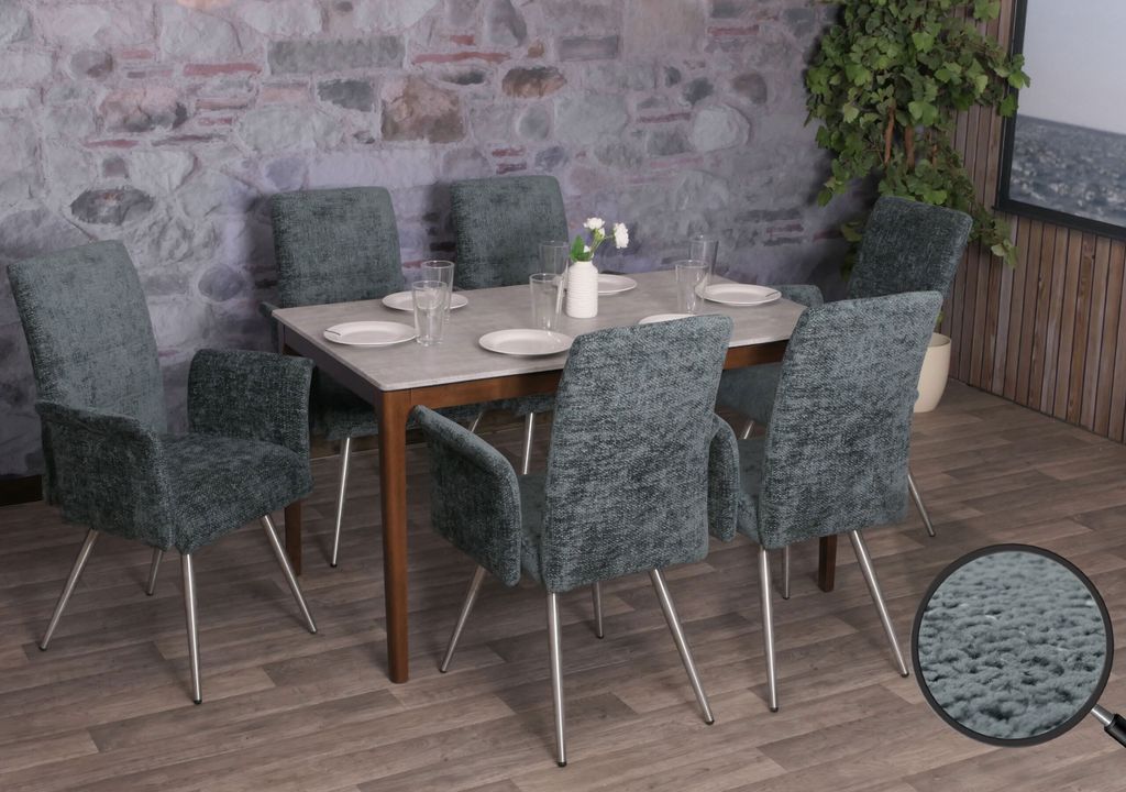 6er-Set Esszimmerstuhl MCW-G55, Küchenstuhl Stuhl mit Armlehne, Edelstahl gebürstet Stoff/Textil Chenille blau-grün