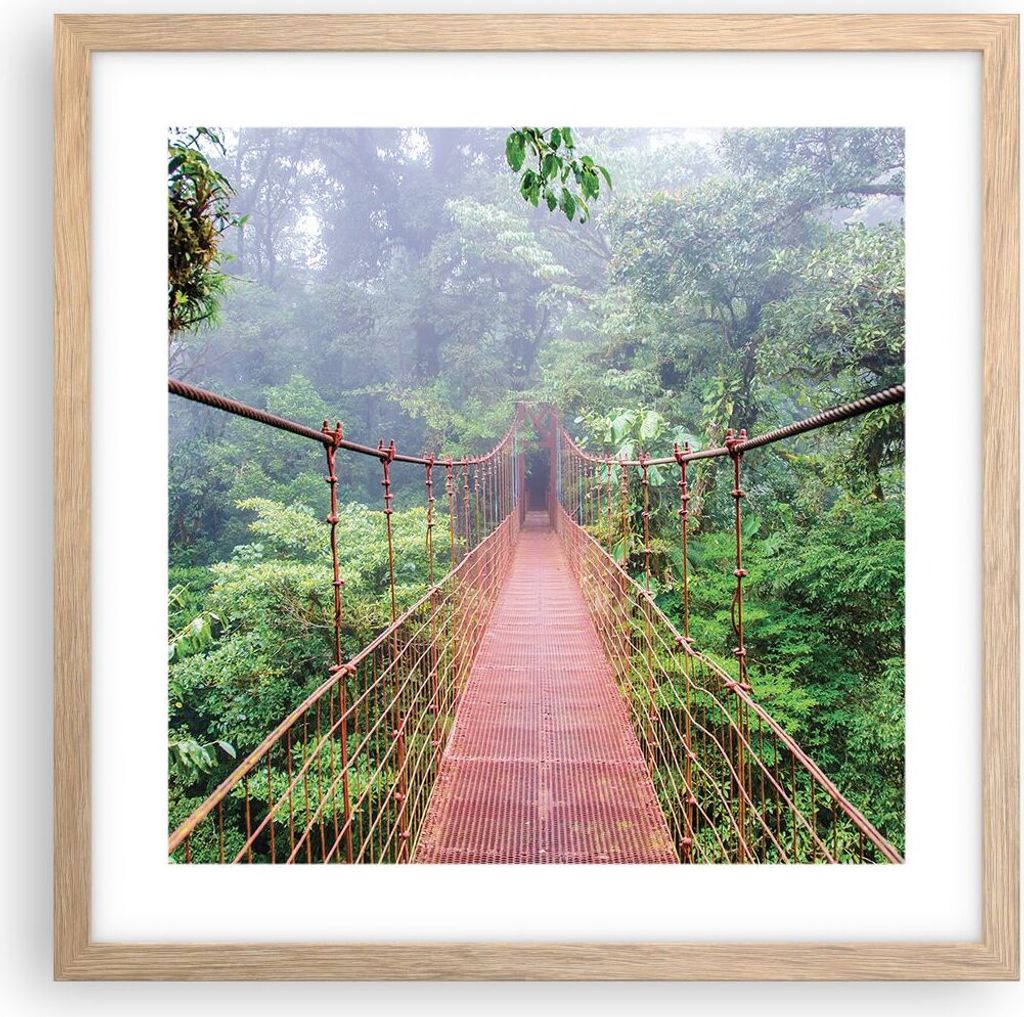 Gerahmtes Poster - Rahmen in heller Eiche - Brücke ausgesetzt Costa Rica - 40x40 cm - Wand Bild - Wanddeko - Wandbilder - Kunstposter - Wandposter...