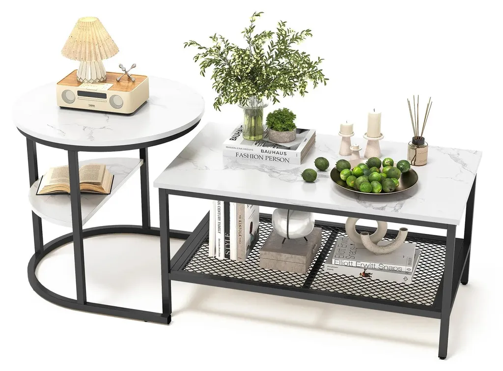 Lot de tables de salon gigognes en bois et métal noir avec étagère basse