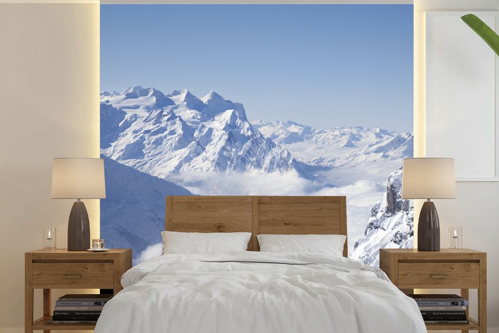 MuchoWow Fototapete für Wohnzimmer oder Schlafzimmer Wandtapete Vinyl Motivtapete Alpen - Schnee - Berg - 240x240 cm - Schlafzimmer-Tapete