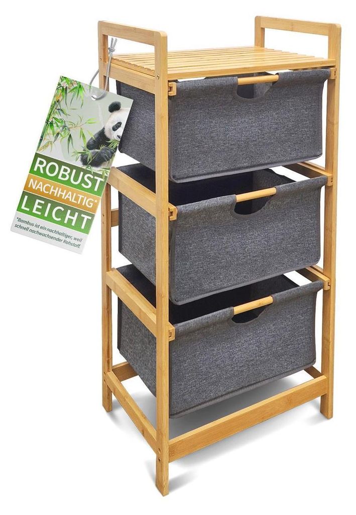 HEIMWERT Grau Wäschekorb Regal 3 Fächer - Stabiler Wäschesortierer aus Bambus Holz - Wäschesammler 44 x 34,5 x 96 cm groß für Badezimmer und ...