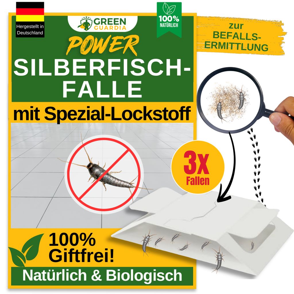 Marketing image for silverfish traps, showing product features and benefits.