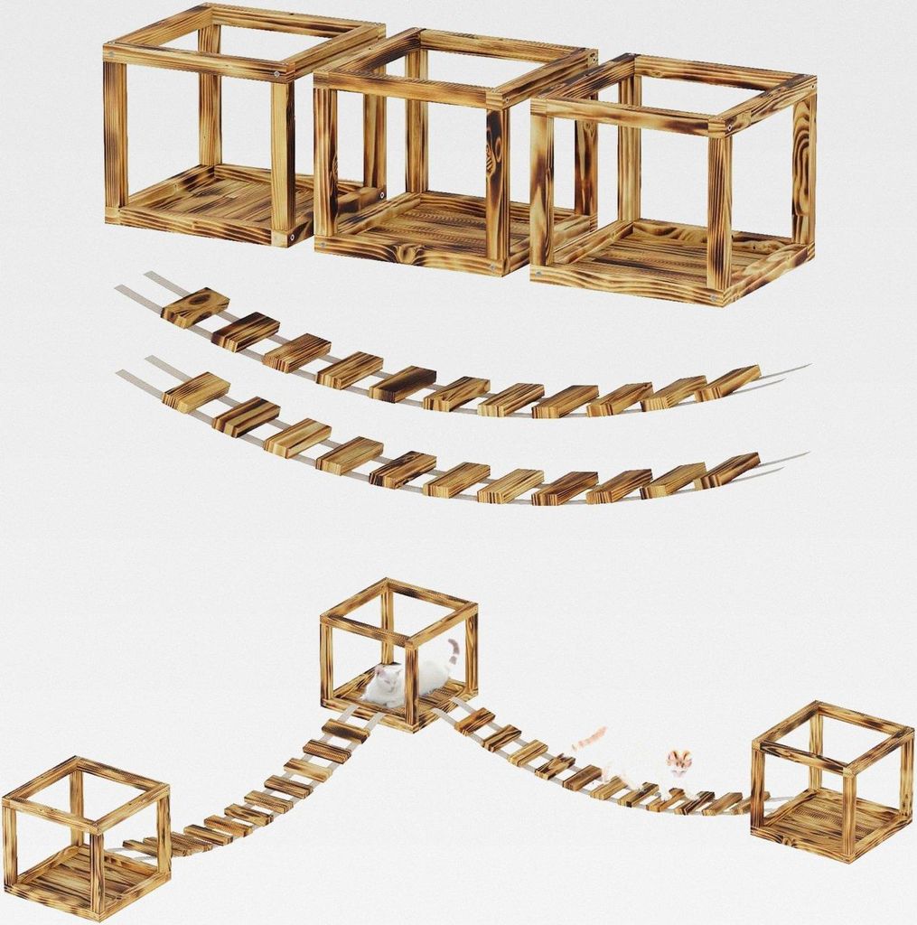 Katzen Kletterwand Set mit 2 Brücken und 3 Liegen aus Holz Deckenmontage