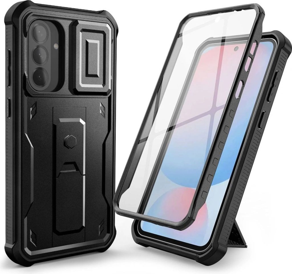 A black phone case with a built-in stand and a separate screen protector.