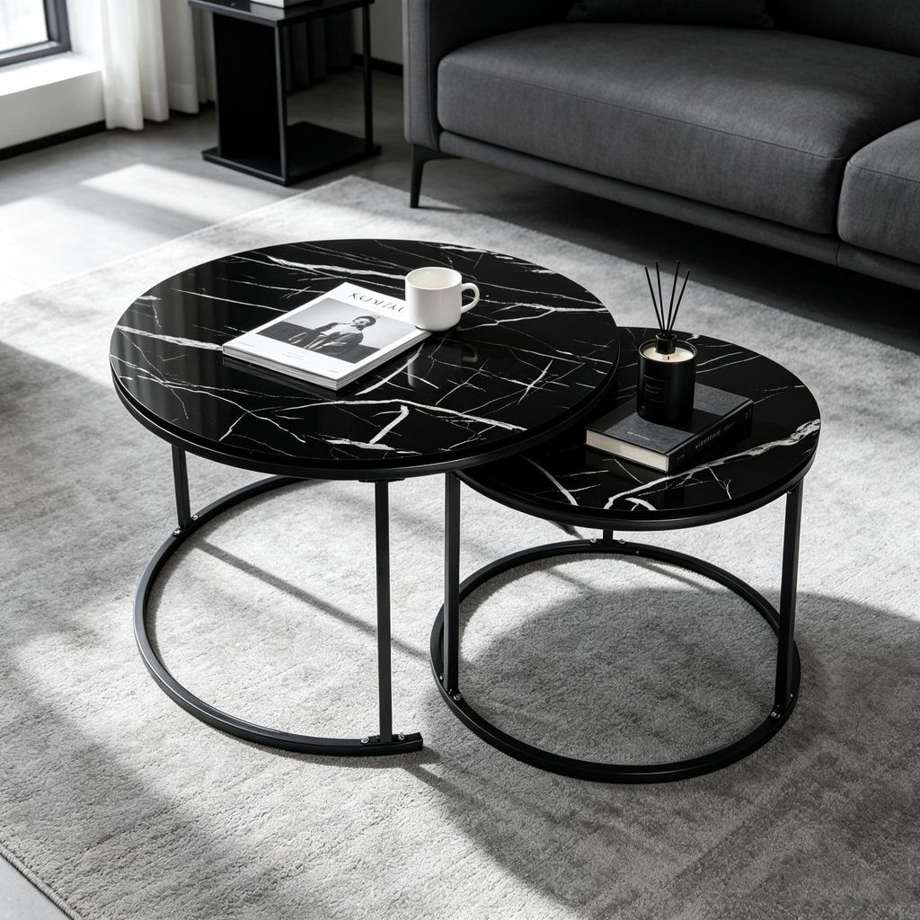 Couchtisch Rund,Satztisch 2er Set,Schwarz Marmor Couchtisch Produktbild 