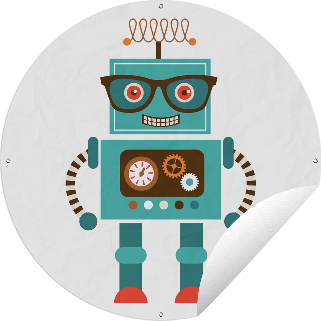MuchoWow Gartenposter Outdoor-Poster Rund Roboter - Schutzbrille - Zahnräder - Gesicht - Jungen - Kinder Ø 60 cm Gartendeko Rundes Poster draußen