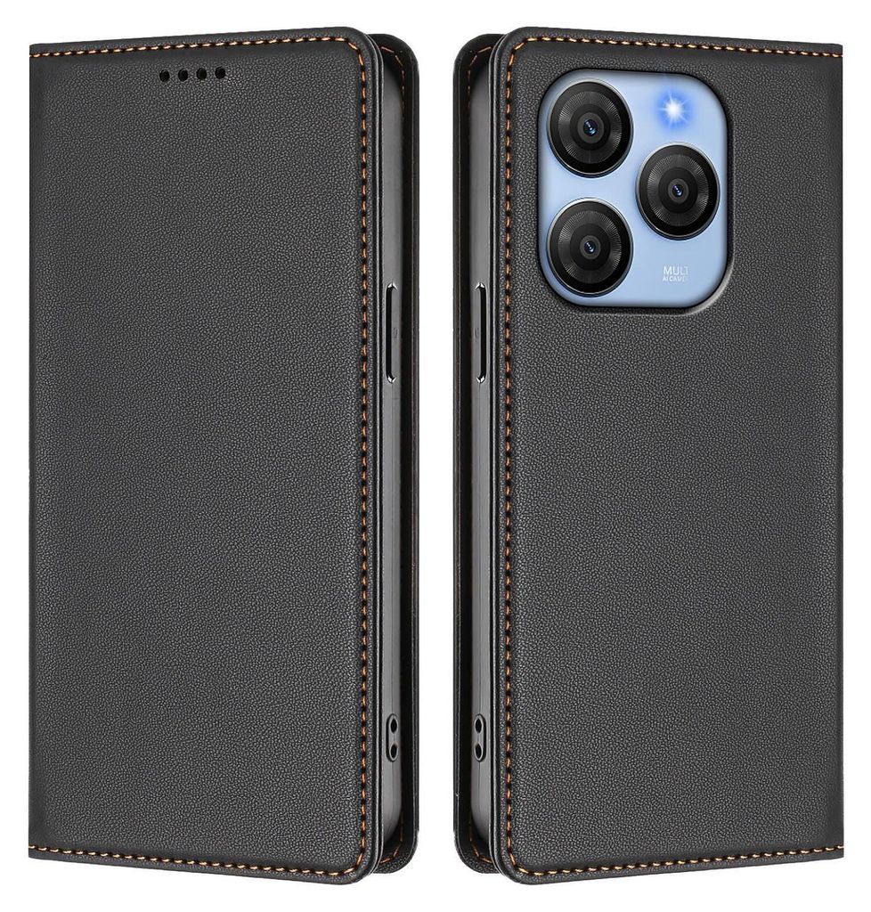 A black flip case for a smartphone, shown from both the front and back.