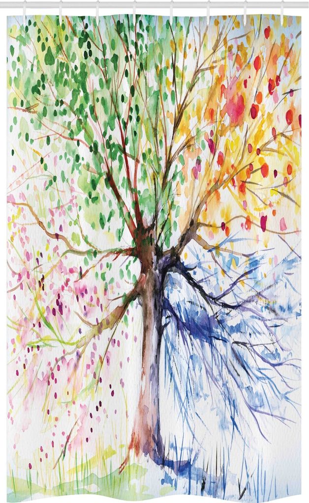 ABAKUHAUS Aquarell Schmaler Duschvorhang, 4 Jahreszeiten Bunte, Badezimmer Deko Set aus Stoff mit Haken, 120 x 180 cm, Mehrfarbig