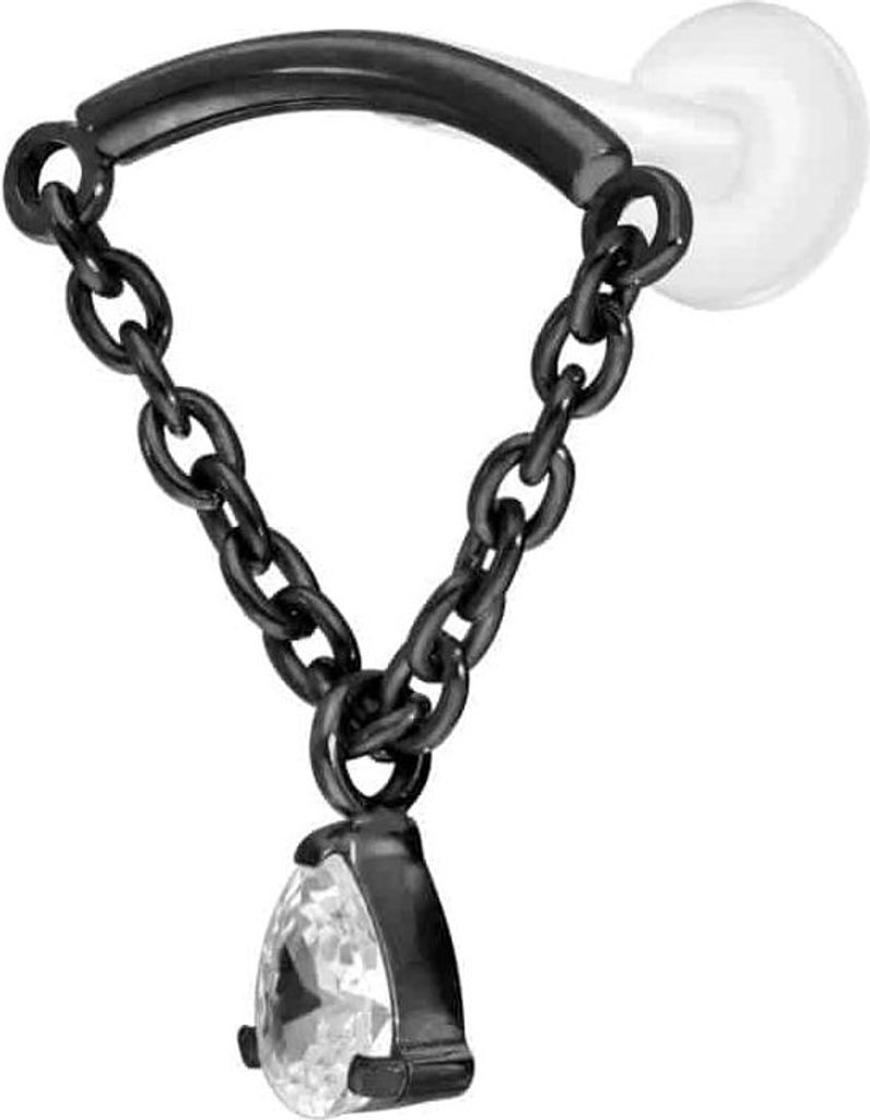 Ohrpiercing, Nasenpiercing PTFE Labret mit Innengewinde + Titan-Aufsatz BOGEN + KETTE + KRISTALLTROPFEN Schwarz Stablänge: 10mm | Stabstärke: 1,2mm