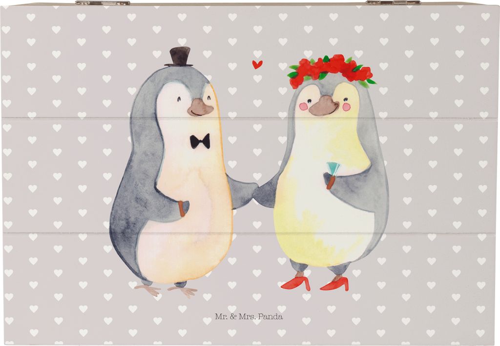 Mr. & Mrs. Panda Box Pinguin Heirat 22 x 15 cm - Grau Pastell - Geschenk, Holzbox, schatztruhe, Verheiratet, Just Married, mit Deckel, fotobox, Tru...