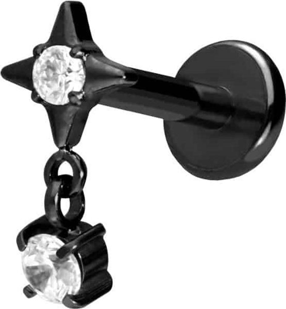 Ohrpiercing, Nasenpiercing Titan Labret mit Push Fit STERN + KRISTALL Schwarz Stablänge: 8mm | Stabstärke: 1,2mm