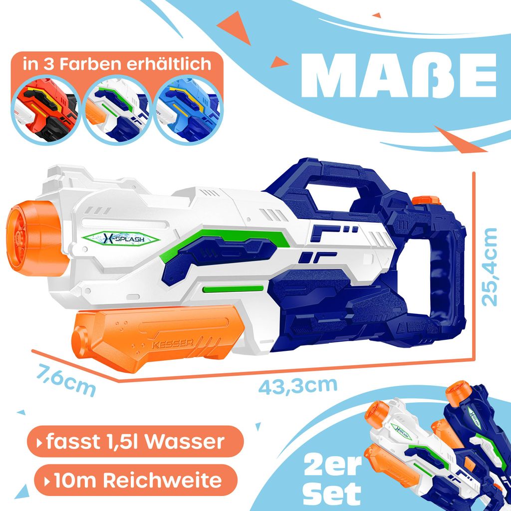 KESSER Wasserpistole 2er Set – 1,5 L Tank, Reichweite 10–11 M, 4 Sprühmodi – Wasserspielzeug Für Kinder & Erwachsene – Strand, Pool & Garten