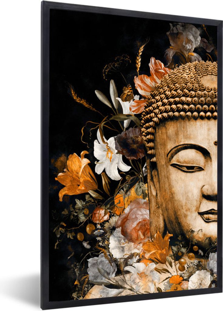 MuchoWow MuchoWow Gerahmtes Poster Buddha - Blumen - Tropisch 40x60 cm - Poster mit zchwarzem Bilderrahmen - Papierdruck - Wandbilder