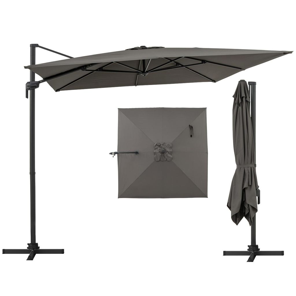 A gray cantilever umbrella is shown in three different views: open and angled, folded, and from a top-down perspective.