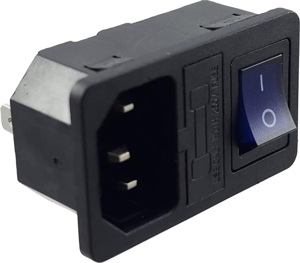 A black electrical connector with a blue switch and fuse holder.