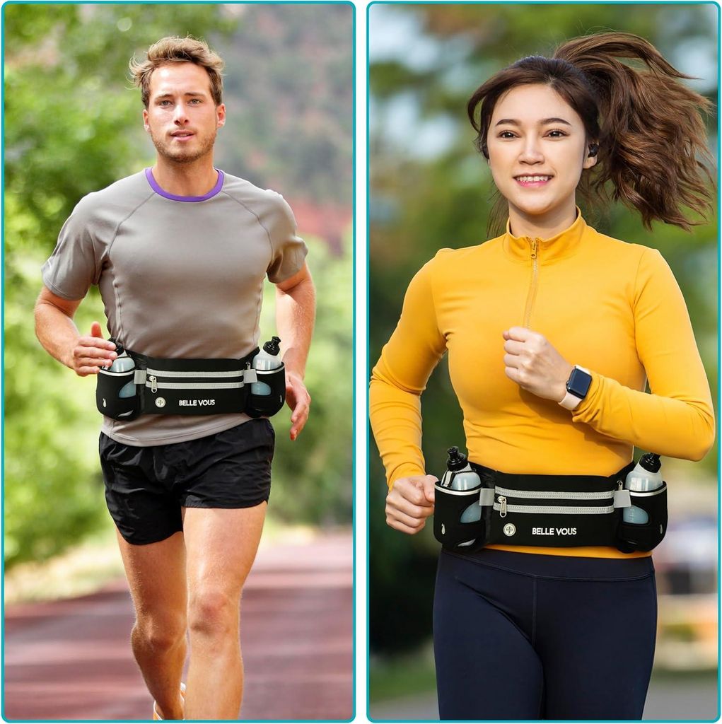 Verstellbarer Laufgürtel mit 2 Wasserflaschen - Reflektierende Ta Tasche für Telefon - Wasserdichter Hydratationsgürtel für Marathonlauf und Fi...