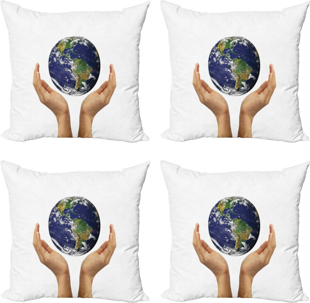 ABAKUHAUS Tag der Erde Kissenbezug Set (4 Stück), Hands Holding Earth Globe, Moderner Doppelseitiger Digitaldruck, 60 cm x 60 cm, Nachtblau Olivgrün