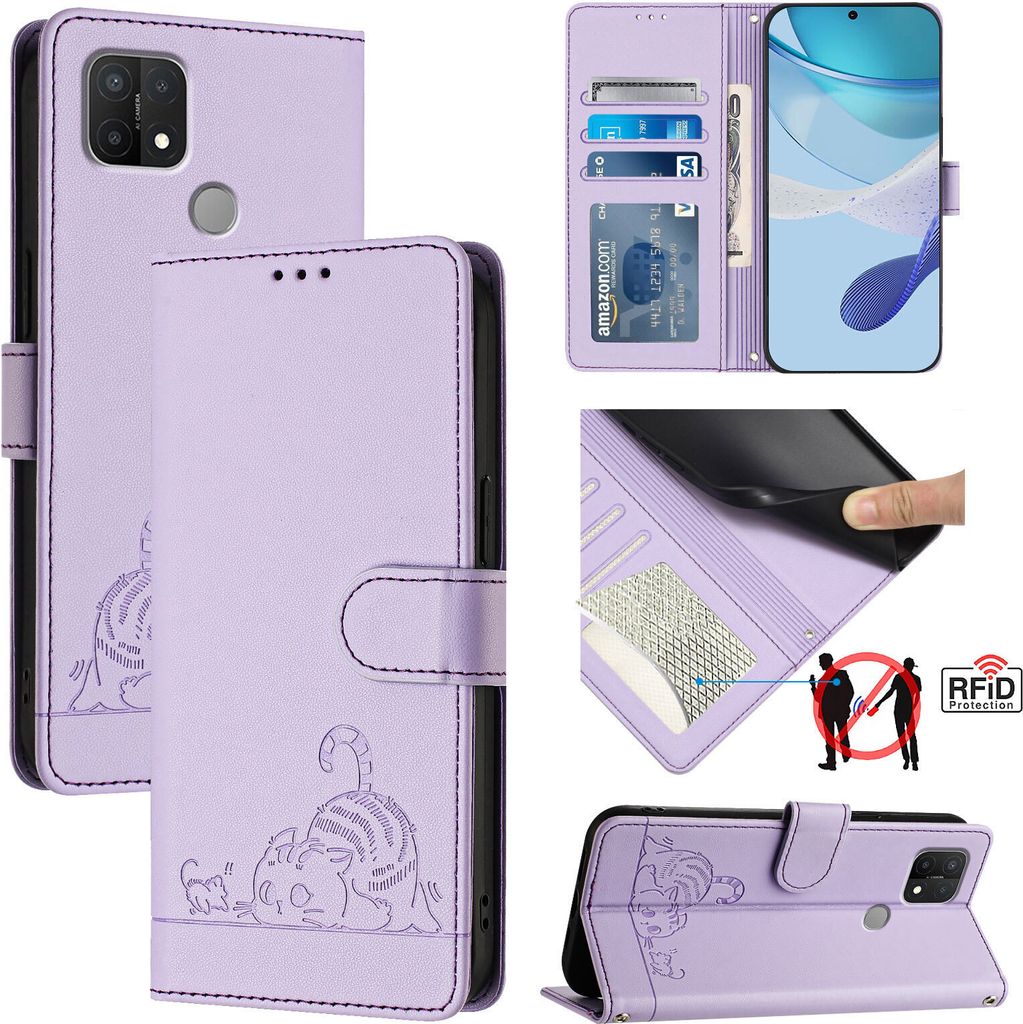 Leder Hülle für Oppo A15 / A15s / A35 2021 Süße Katze Flip Case Brieftasche Schutzhülle mit Standfunktion Lila