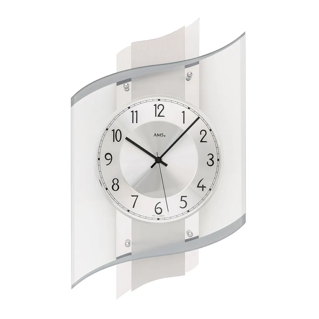 Pendule murale radio-pilotée argentée AMS 5516 design verre moderne