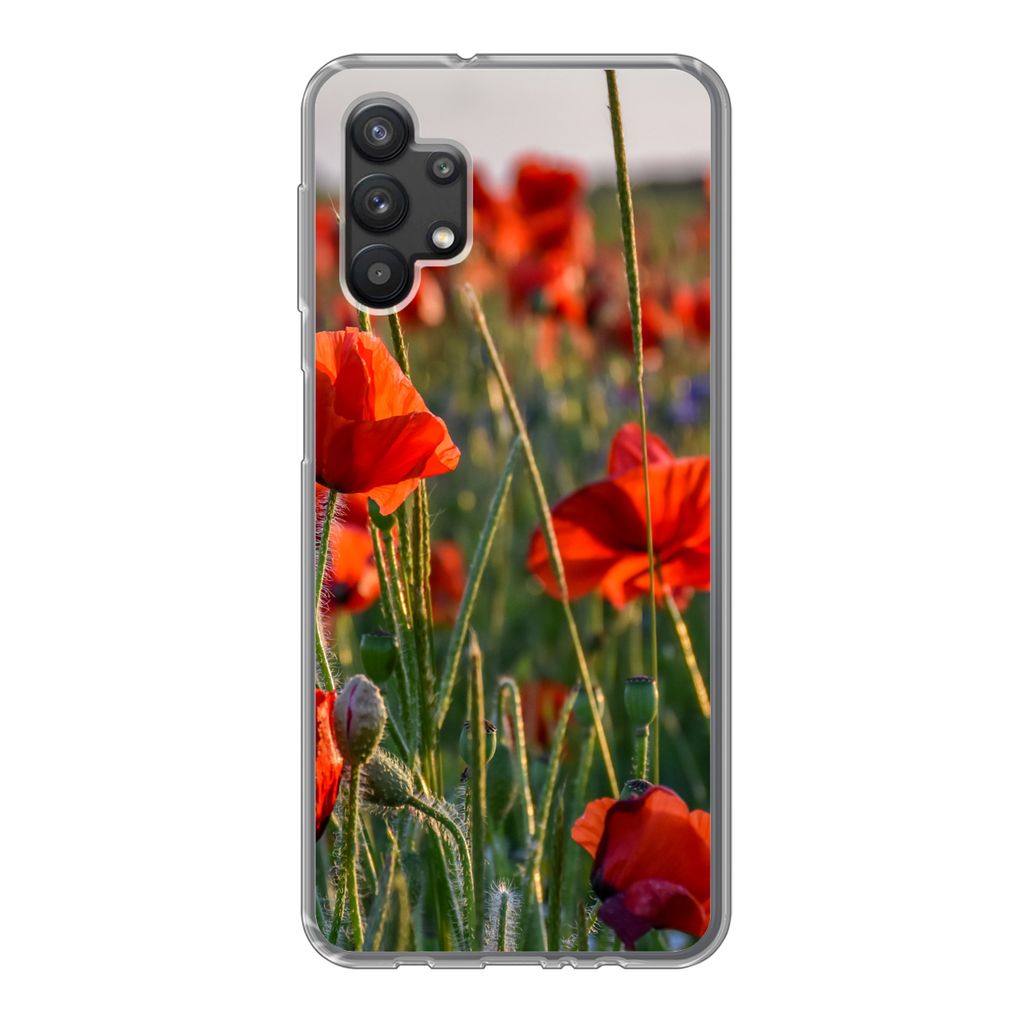 MuchoWow Handyhülle Schutzhülle Hülle für Samsung Galaxy A32 5G Blumen - Mohnblumen - Natur - Rot Silikon Softcase Handy Hülle - Softcase