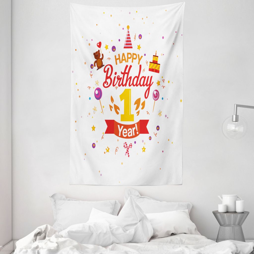 ABAKUHAUS Geburtstag Wandteppich und Tagesdecke, Party mit Kegel-Bär aus Weiches Mikrofaser Stoff Waschbar ohne Verblassen Digitaldruck, 140 x 230...