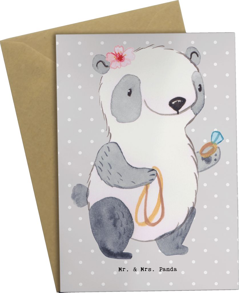 Mr. & Mrs. Panda Grußkarte Goldschmiedin Herz - Grau Pastell - Geschenk, osterkarten, Schmuckgeschäft, Juwelierin, Shopping, Goldschmuck, Grußka...
