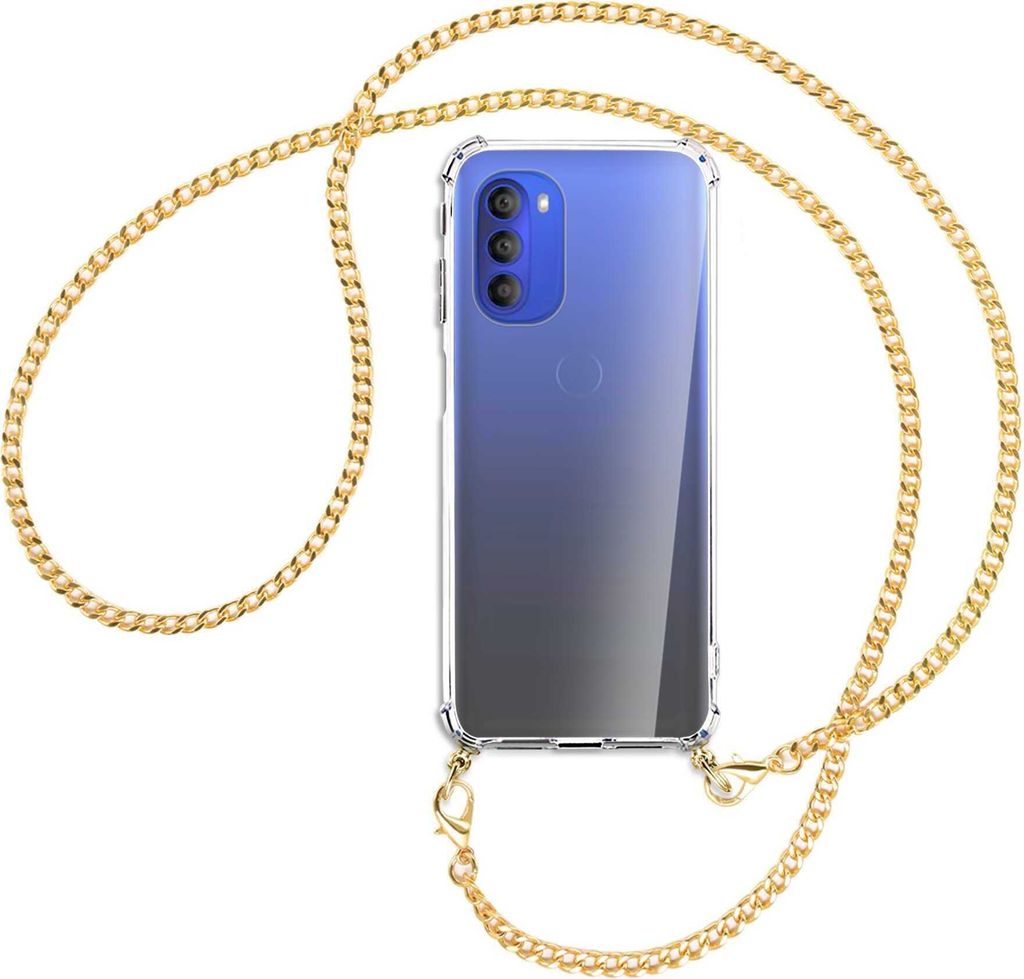Handykette Backcover-Schutzhülle mit Band (Metall goldfarben) für Motorola Moto G51 5G - goldfarbene Kette
