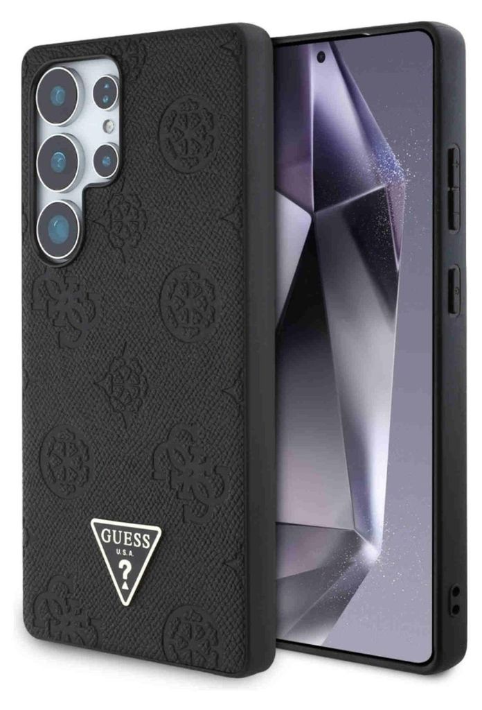 A black phone case with a repeating Guess logo pattern and a triangular Guess logo emblem is shown next to a smartphone.
