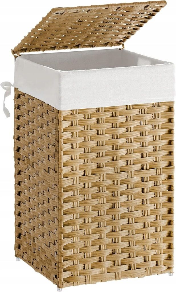 A woven laundry basket with a white liner and an open lid, shown against a white background.