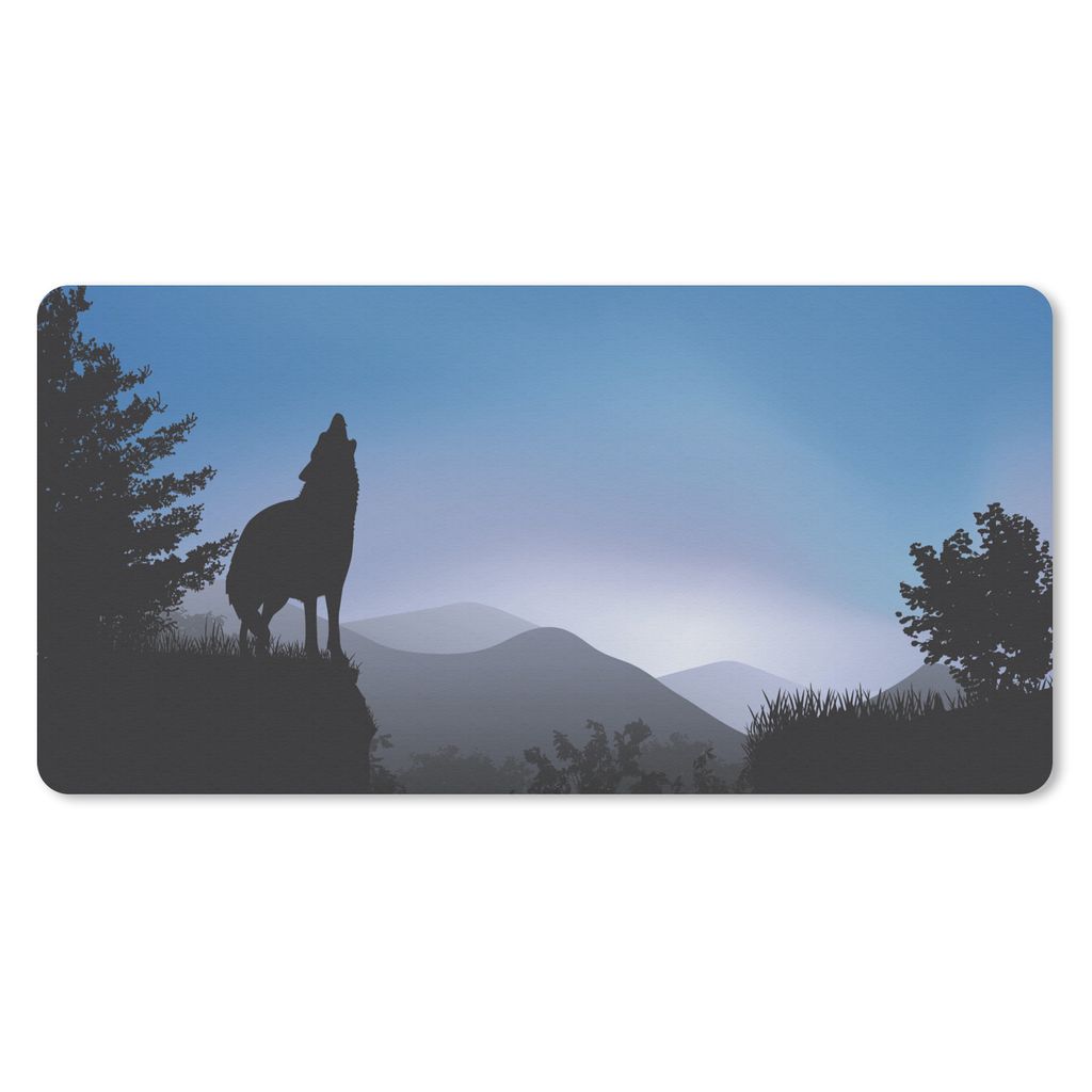MuchoWow Schreibtischunterlage Wolf - Bäume - Scherenschnitt 80x40 cm - XXL Mauspad - Gaming Mauspad