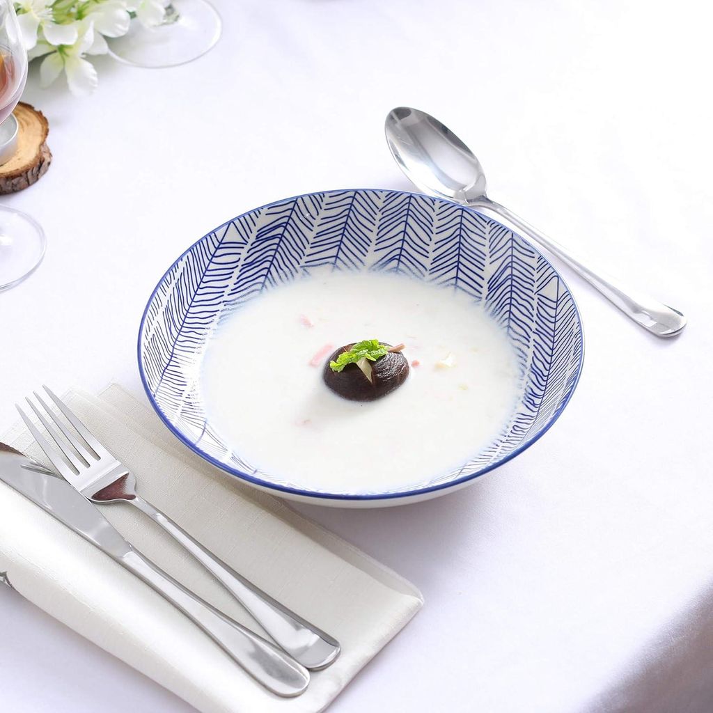 Porzellan Suppenschüssel Set von 4 - Japanischer Stil - Blaues Geschirr - 700ml - Ramen - Suppe - Mischen - Obst - Nudeln - Snack - 21 x 21 x 45 cm