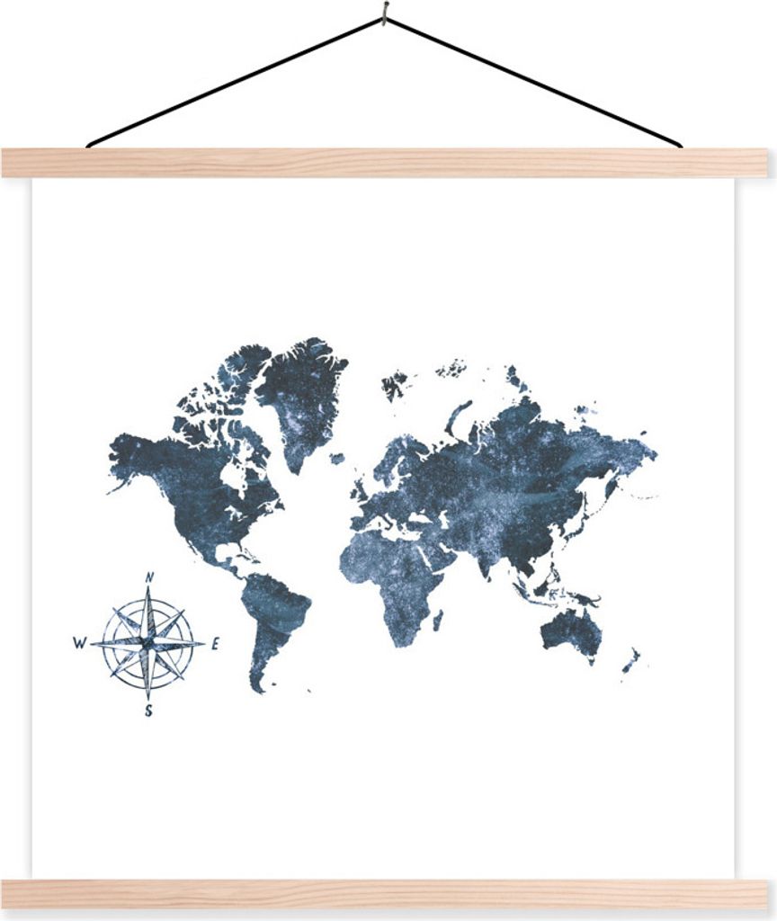 MuchoWow Textilposter Weltkarte - Blau - Kompass 60x60 cm mit holzfarbenen Rahmen - Wanddekoration