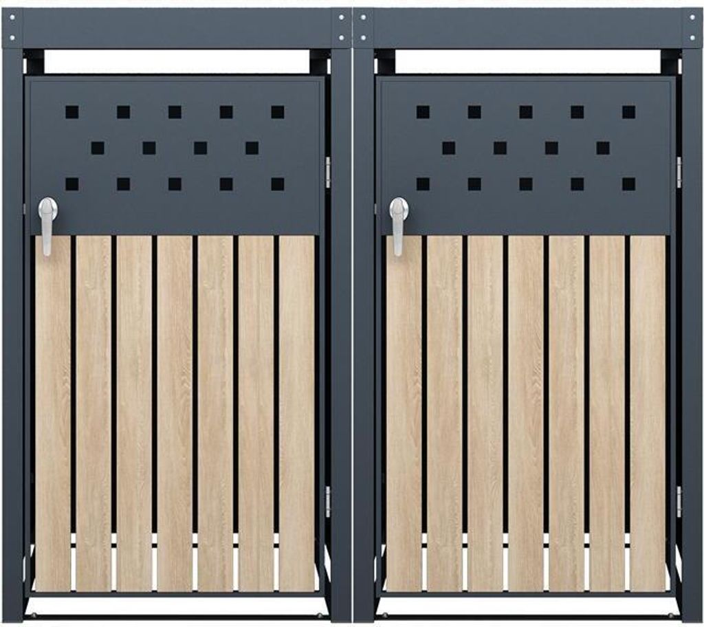 A front view of two adjacent grey metal and wood trash bin enclosures with doors.