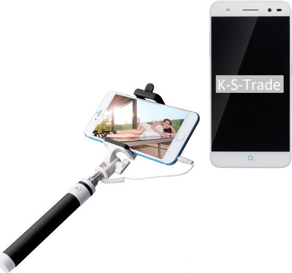 K-S-Trade Selfie Stick kompatibel mit ZTE Blade V7 Lite Selfiestick kabelgebunden Monopod mit Kabel Stab Stange Selfportrait Handheldstick schwarz 1x