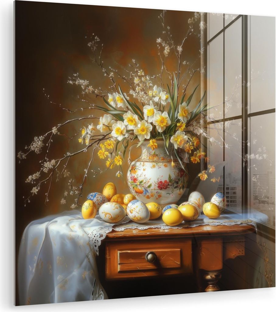 MuchoWow Glasbilder - Bilder auf Wandbild - Foto auf Glas Ostereier - Stillleben - Vase 50x50 cm Wanddekoration aus Glas - Acrylglasbild - Acrylbil...