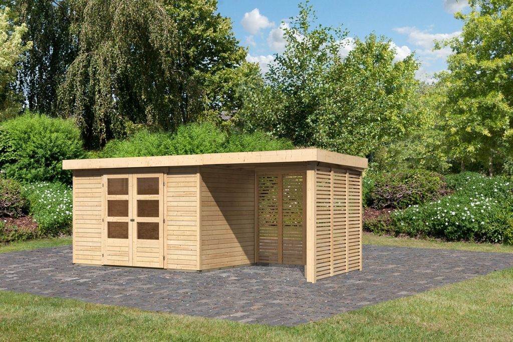 Karibu Gartenhaus Gerätehaus Askola 4 im Set mit Anbaudach 2,40 m Breite und Feuerholzoption naturbelassen 522x217x211 cm